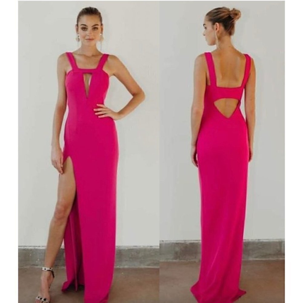 KATIE MAY Take The Plunge Keyhole Crepe Gown in Pink Peacock Size X-Small